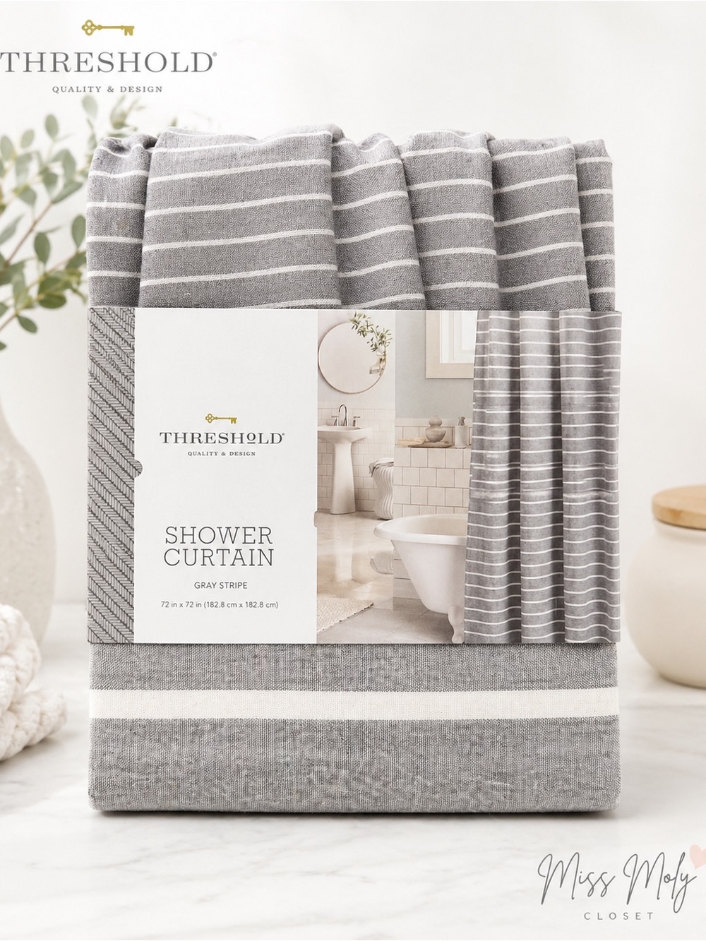 Threshold Gray Stripe Shower Curtain 72x72 Modern Neutral Bathroom